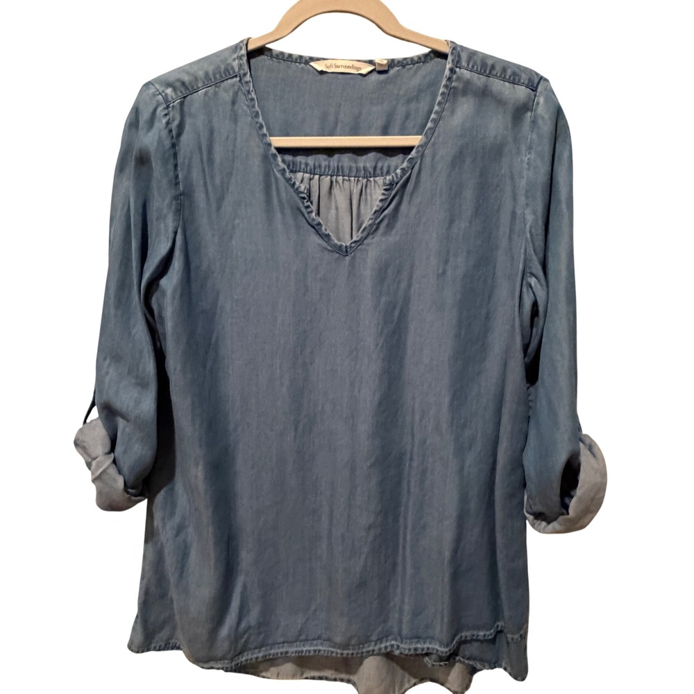 Soft Surroundings Blue Tencel Chambray V-Neck Roll Tab Sleeve Tunic Top Medium